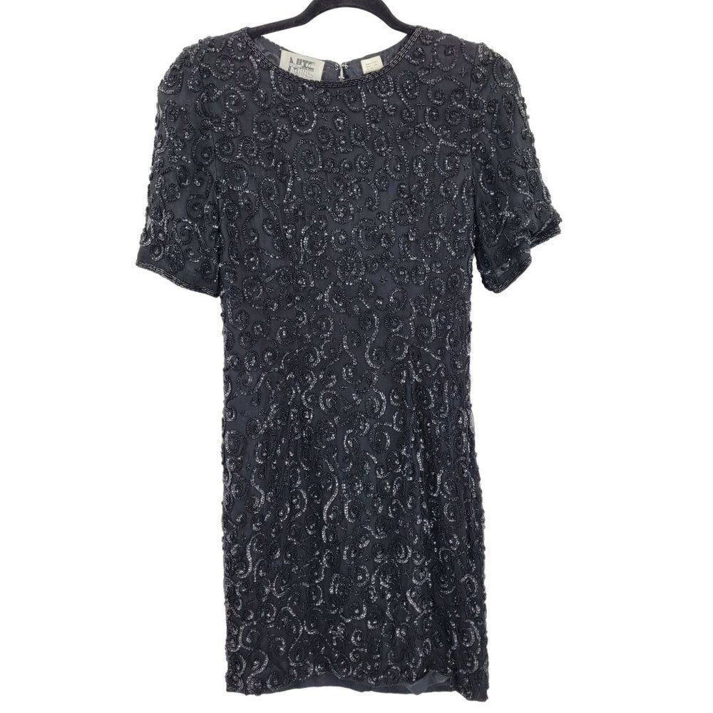 Vintage 80's Niteline Dress Silk Formal Black Swirl Sequin Beaded Short Sleeve 4